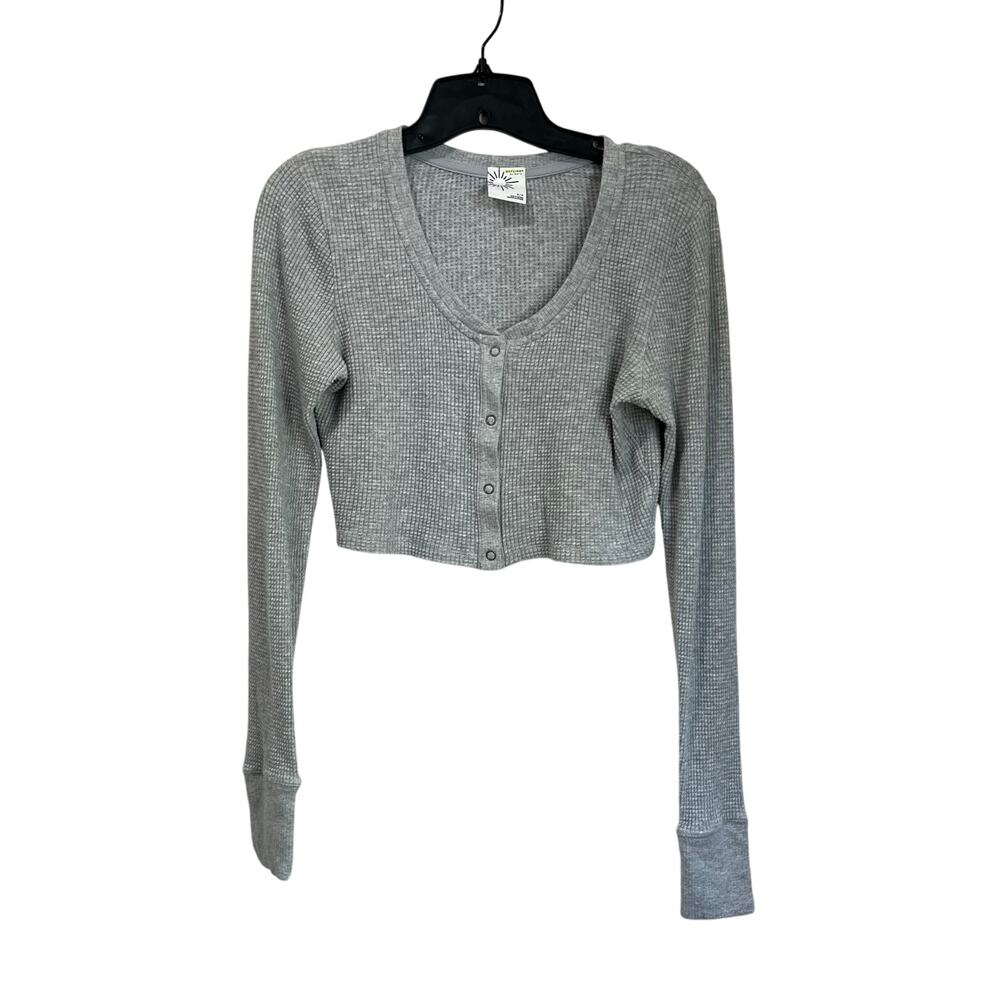 Offline by Aerie Cropped Gray Waffle Knit Button Cardigan Sz S Y2K